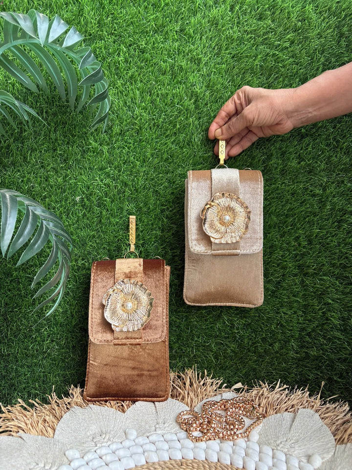 Golden velvet mobile sleeve with statement golden flower detail and handle