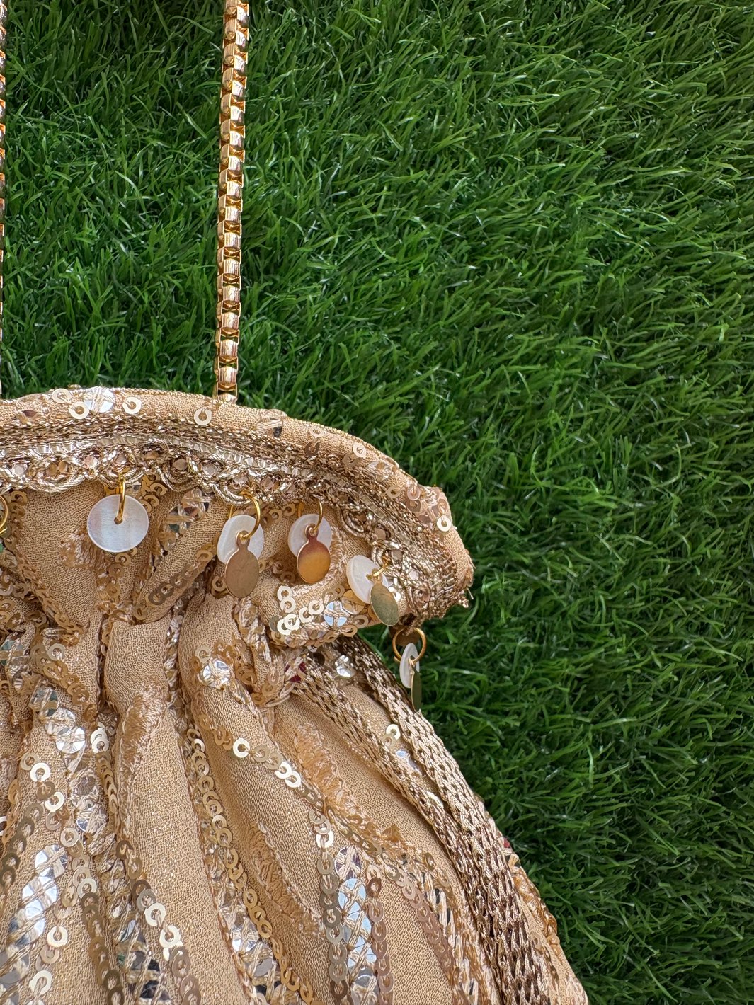Golden Wedding Potli Bag with Pearl Detailing