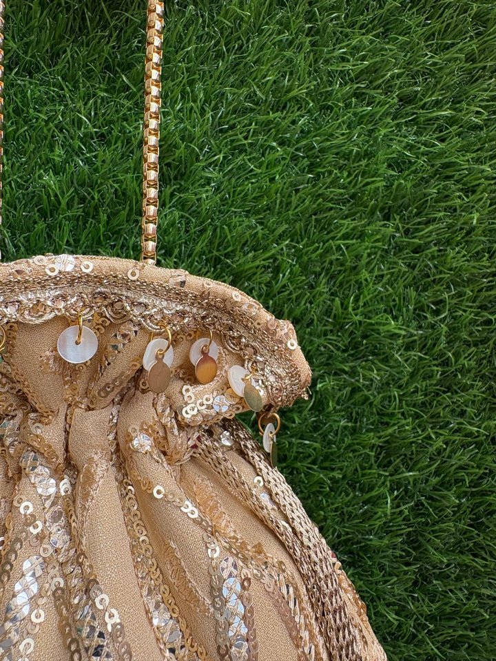 Golden Wedding Potli Bag with Pearl Detailing
