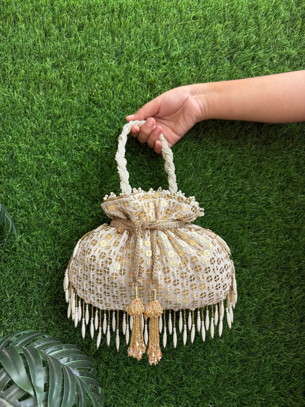 Grace Capsule Potli white and gold designer potli bag with pearl handle