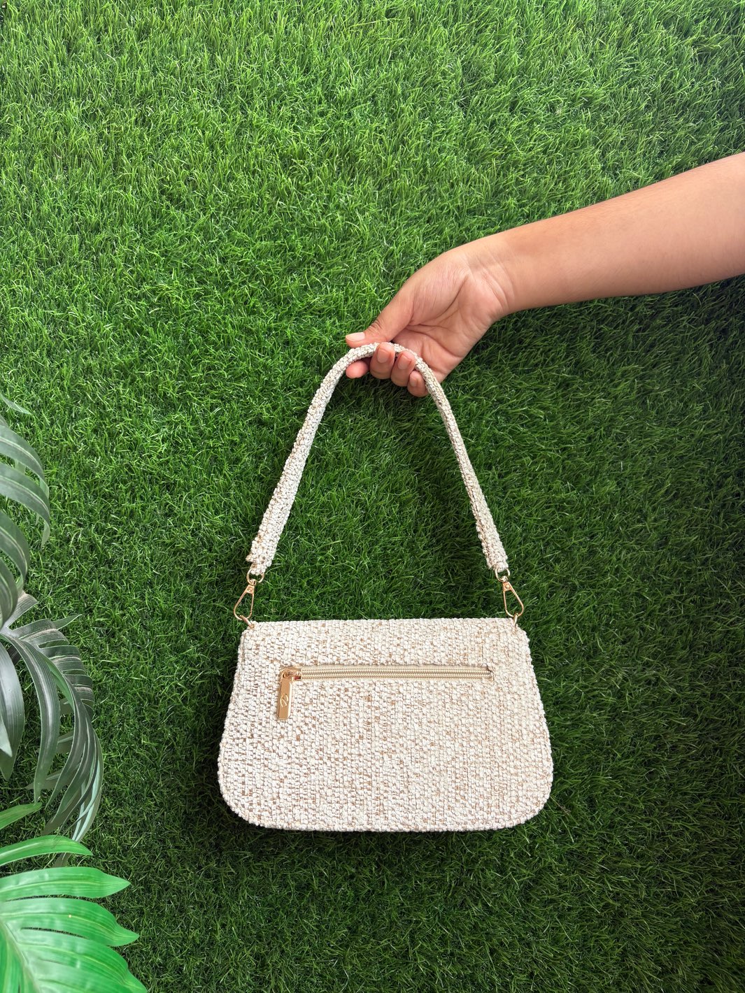 Premium ivory party clutch with pearl and bead embroidery