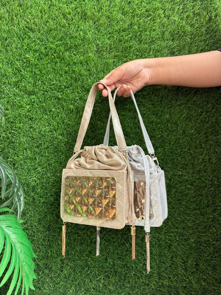 Structured Potli Clutch with Metal Front in Silver and Golden