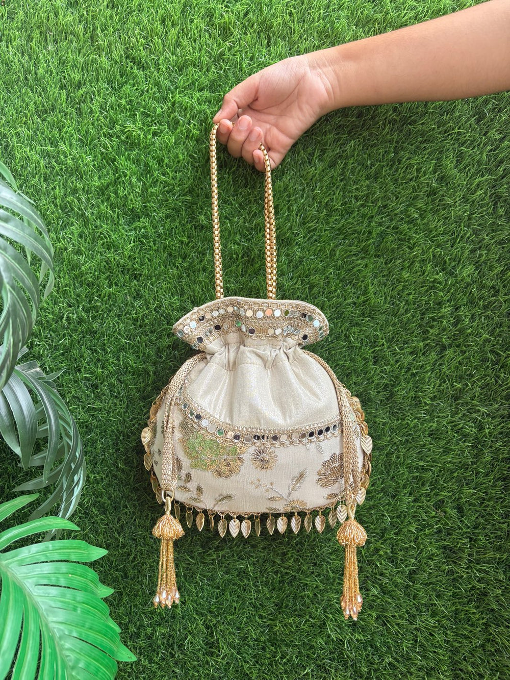 Handcrafted Minimal Floral Designer Potli Bag for Weddings and Festive Occasions