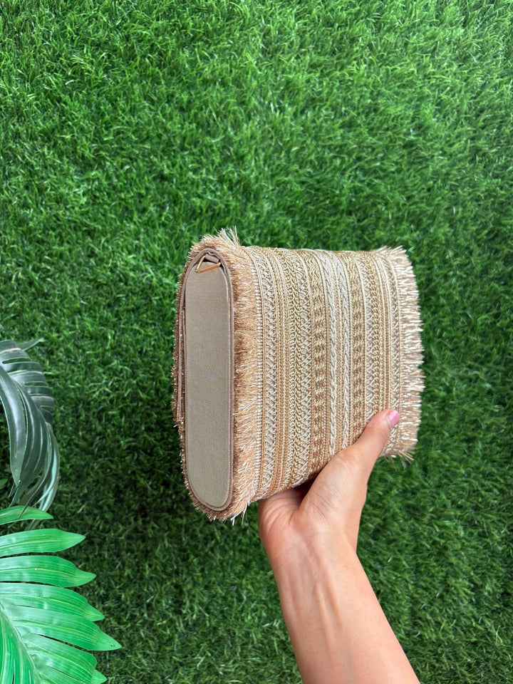 Spacious Premium Gold Ethnic Clutch Bag with magnetic closure