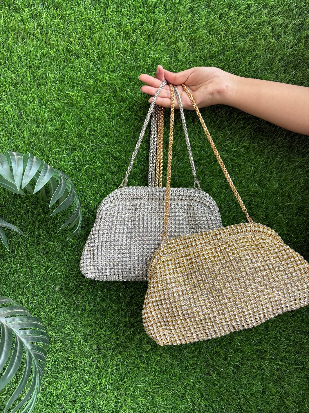 Rhinestone embellished half-frame clutch bag in Golden and Silver for women by Potli Ghar 