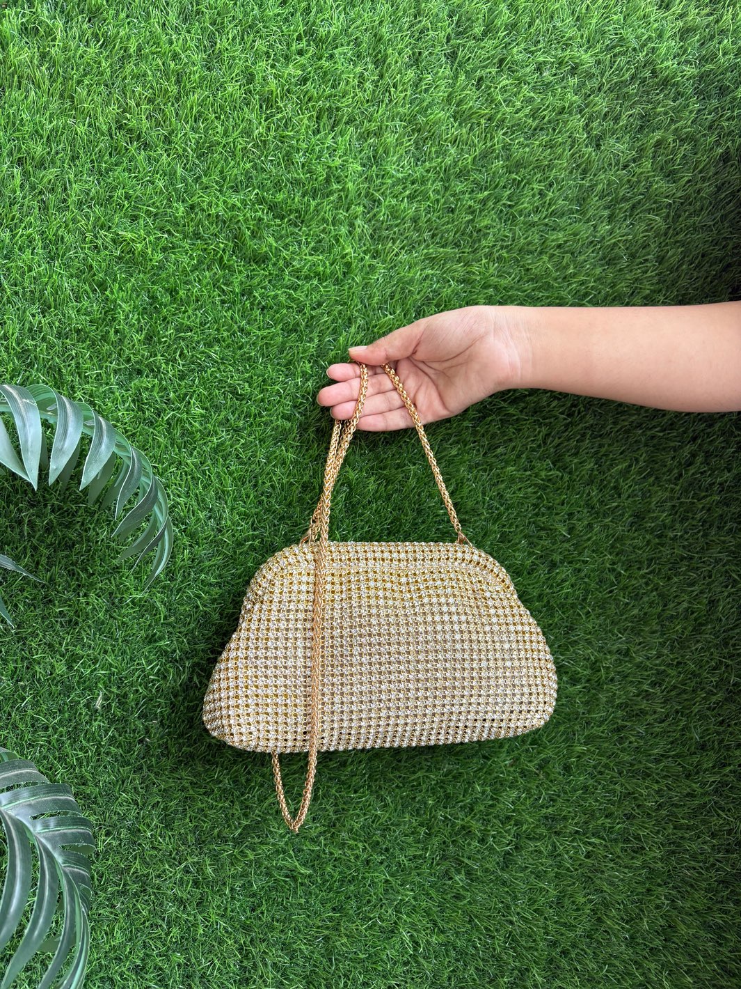 Rhinestone embellished half-frame clutch  bag in Golden for women by Potli Ghar