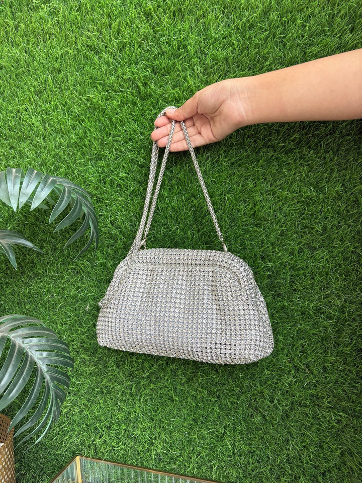 Rhinestone embellished half-frame clutch bag for women by Potli Ghar