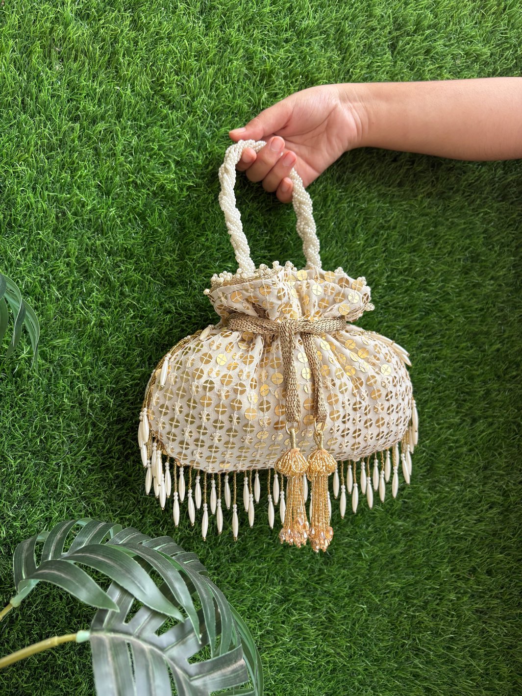 potli bags
white potli bag
gold potli bag
white and gold potli
pearl potli bag
embellished potli bag
wedding potli bag
