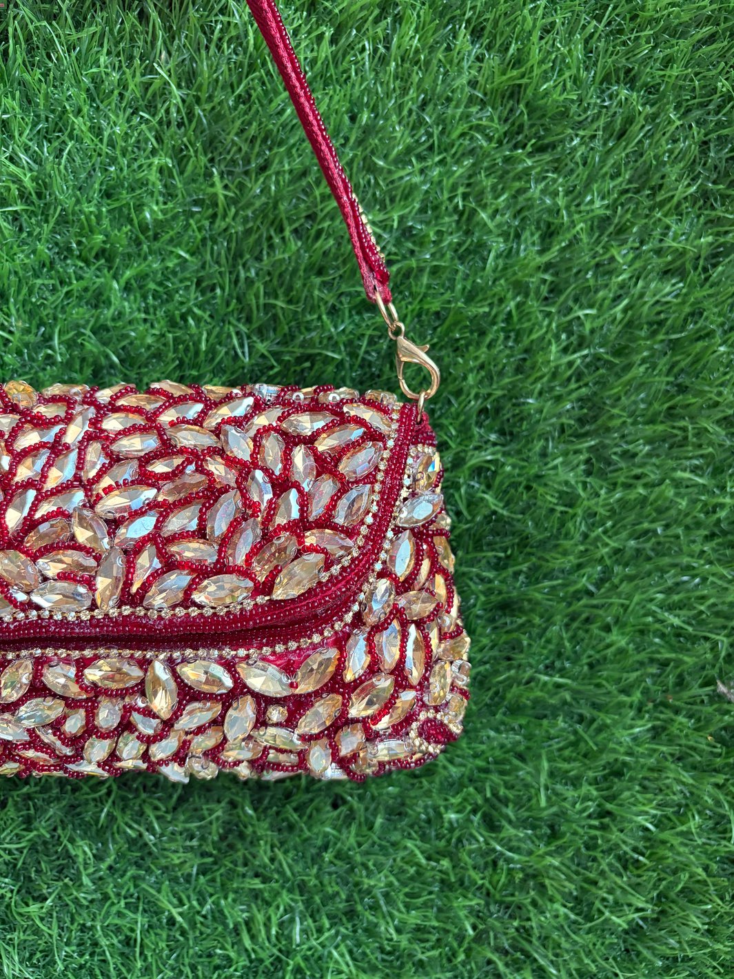 Handcrafted Wedding Clutch with Stone Work in Dark Red for Close up details