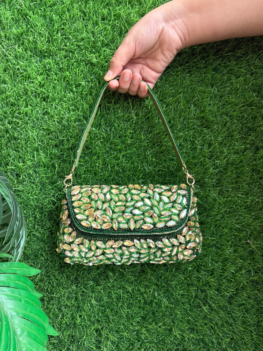 Designer Stone Clutch Bag for Women in Green