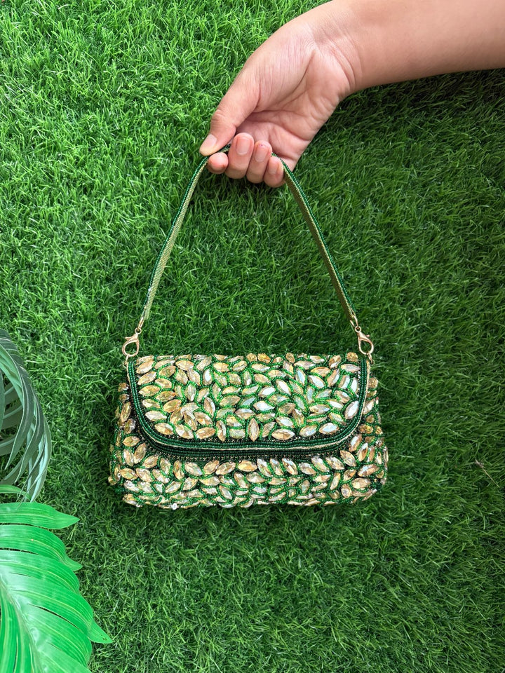 Designer Stone Clutch Bag for Women in Green
