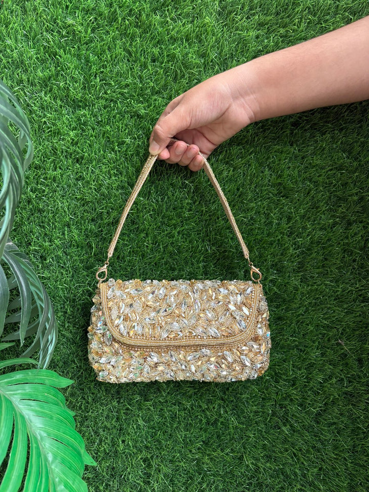 Crystal Embellished Party Clutch in Neutral Golden shade to match with all outfits