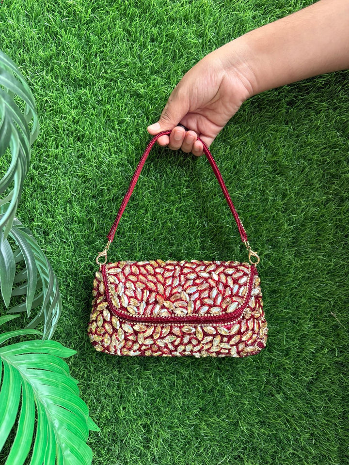 Handcrafted Wedding Clutch with Stone Work in Dark Red
