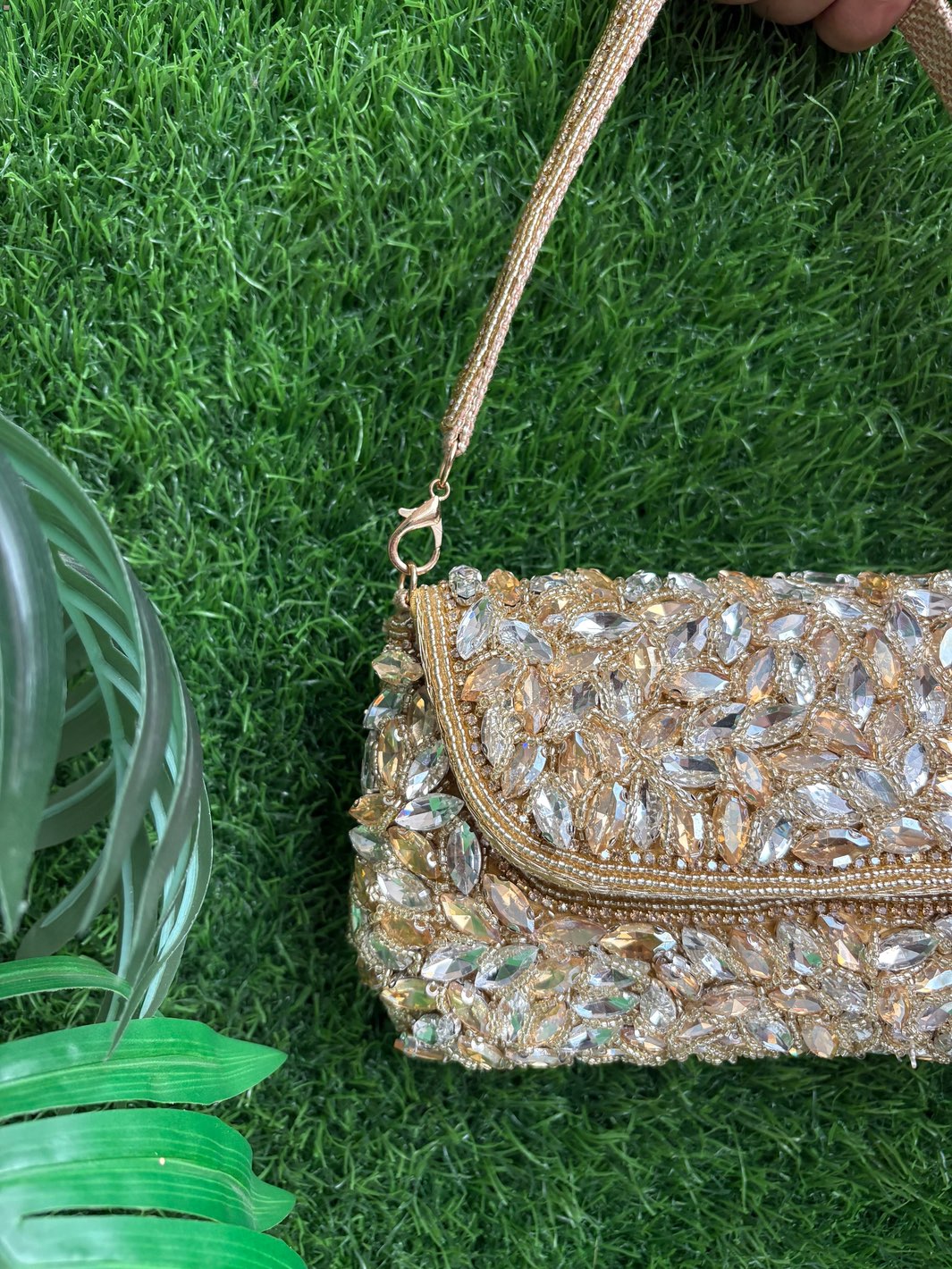 Crystal Embellished Party Clutch in Neutral Golden shade to match with all outfits with a closeup view