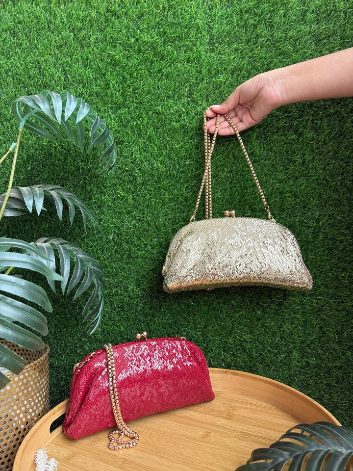 Textured Half-Frame Clutch in golden for women by The Potli Ghar