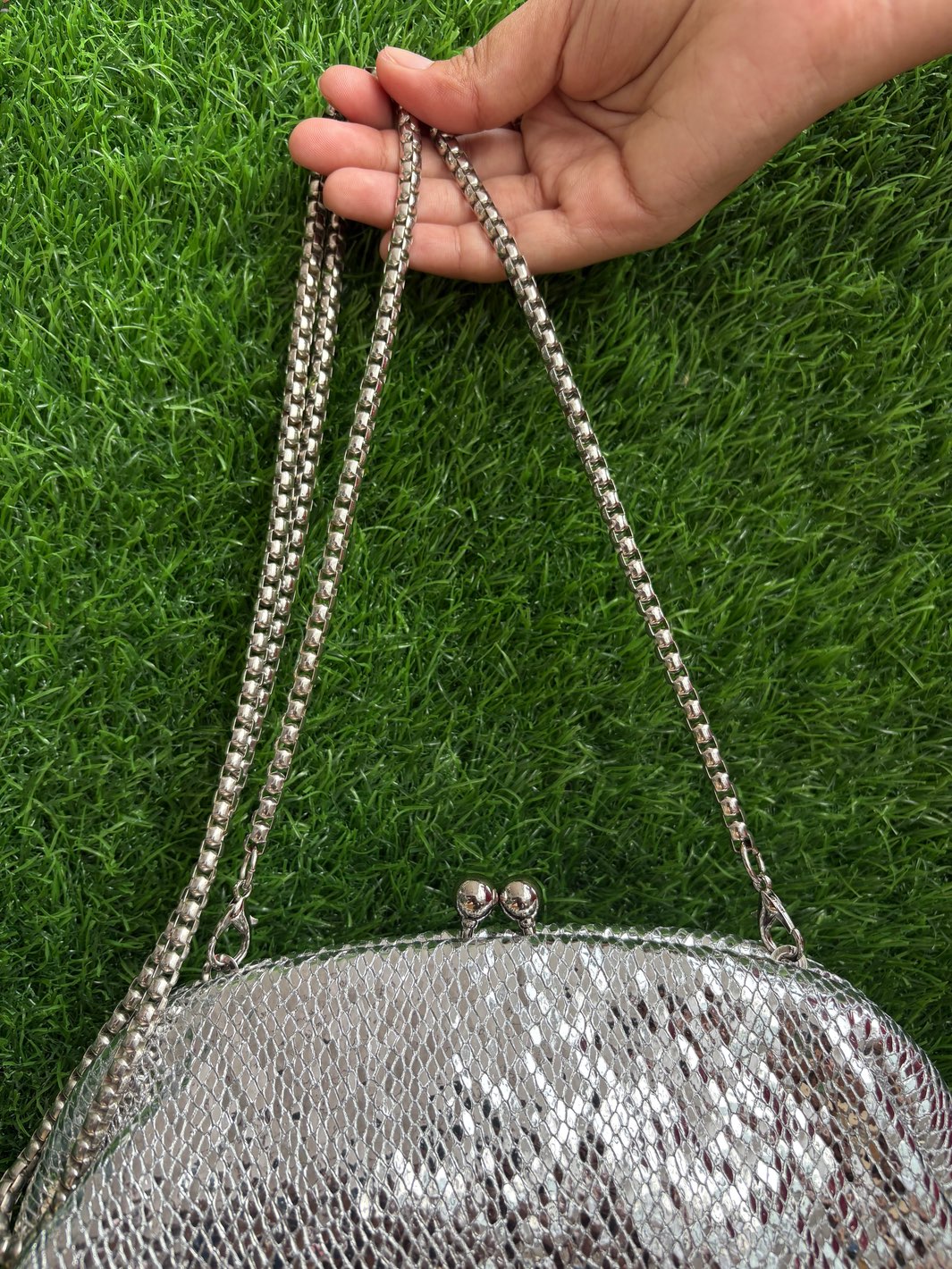 Silver Textured Half-Frame Clutch with detachable metal sling chain