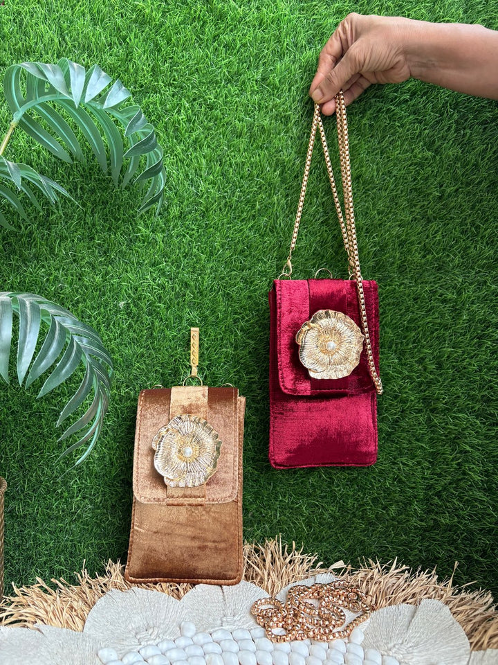 Ivory and Dark golden mobile pouch with golden floral embellishment for women