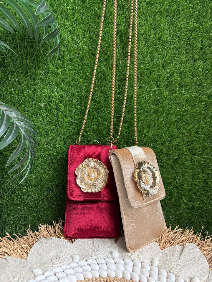 Velvet mobile pouch with golden floral embellishment for weddings and festive occasions