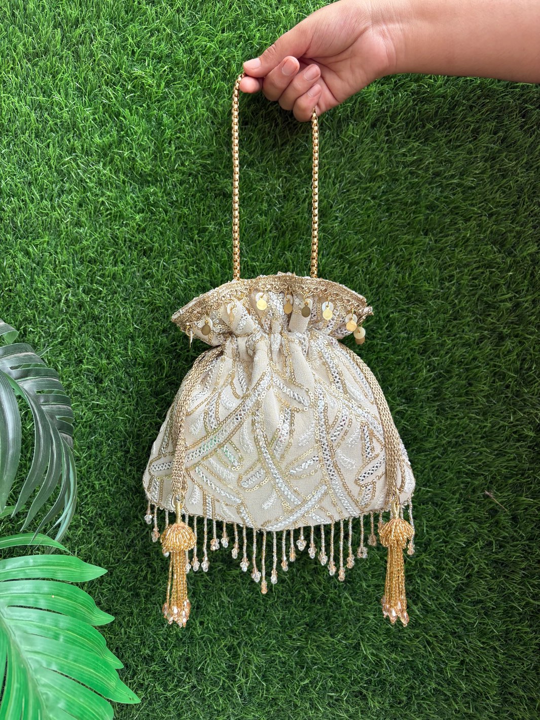 White Wedding Potli Bag with Pearl Detailing