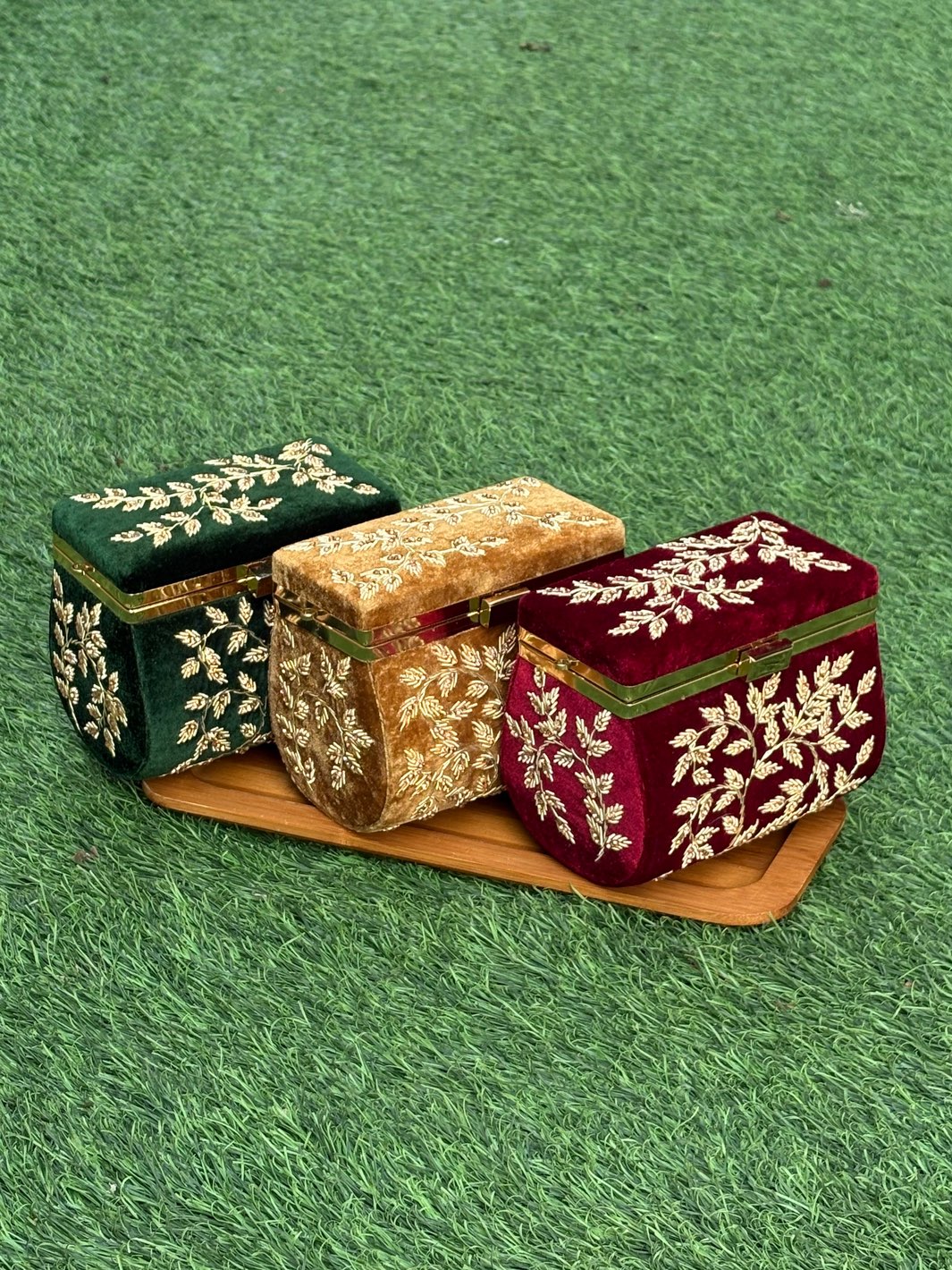 Zardosi Heritage Clutch with intricate embroidery in Golden, Maroon and Bottle Green