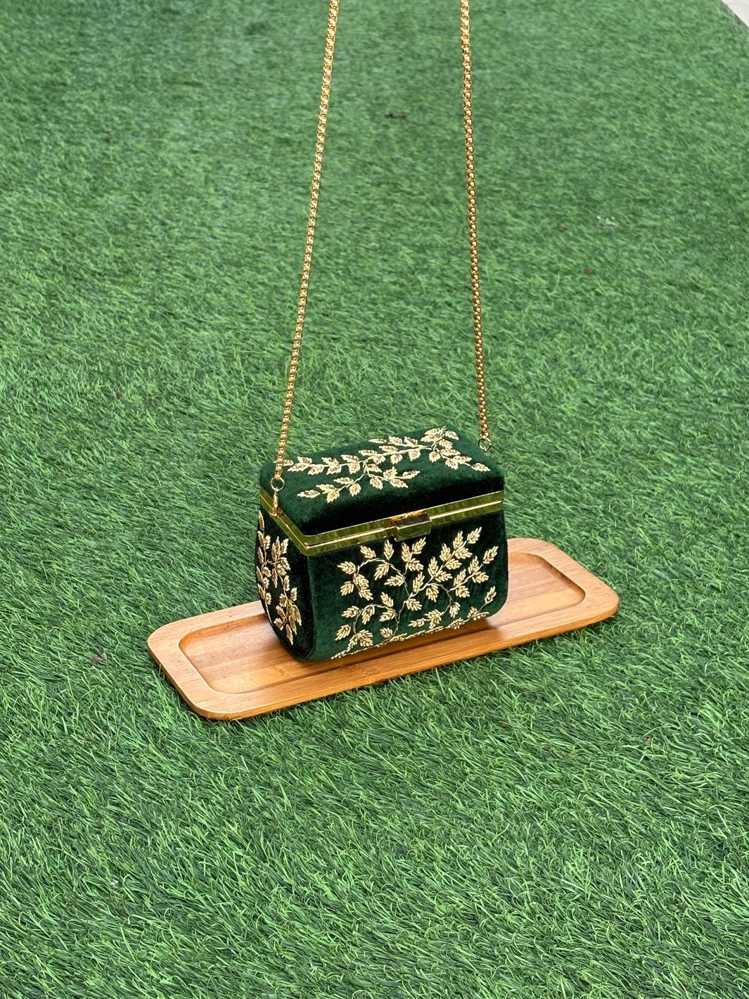 Bottle Green Zardosi Heritage Clutch with intricate embroidery