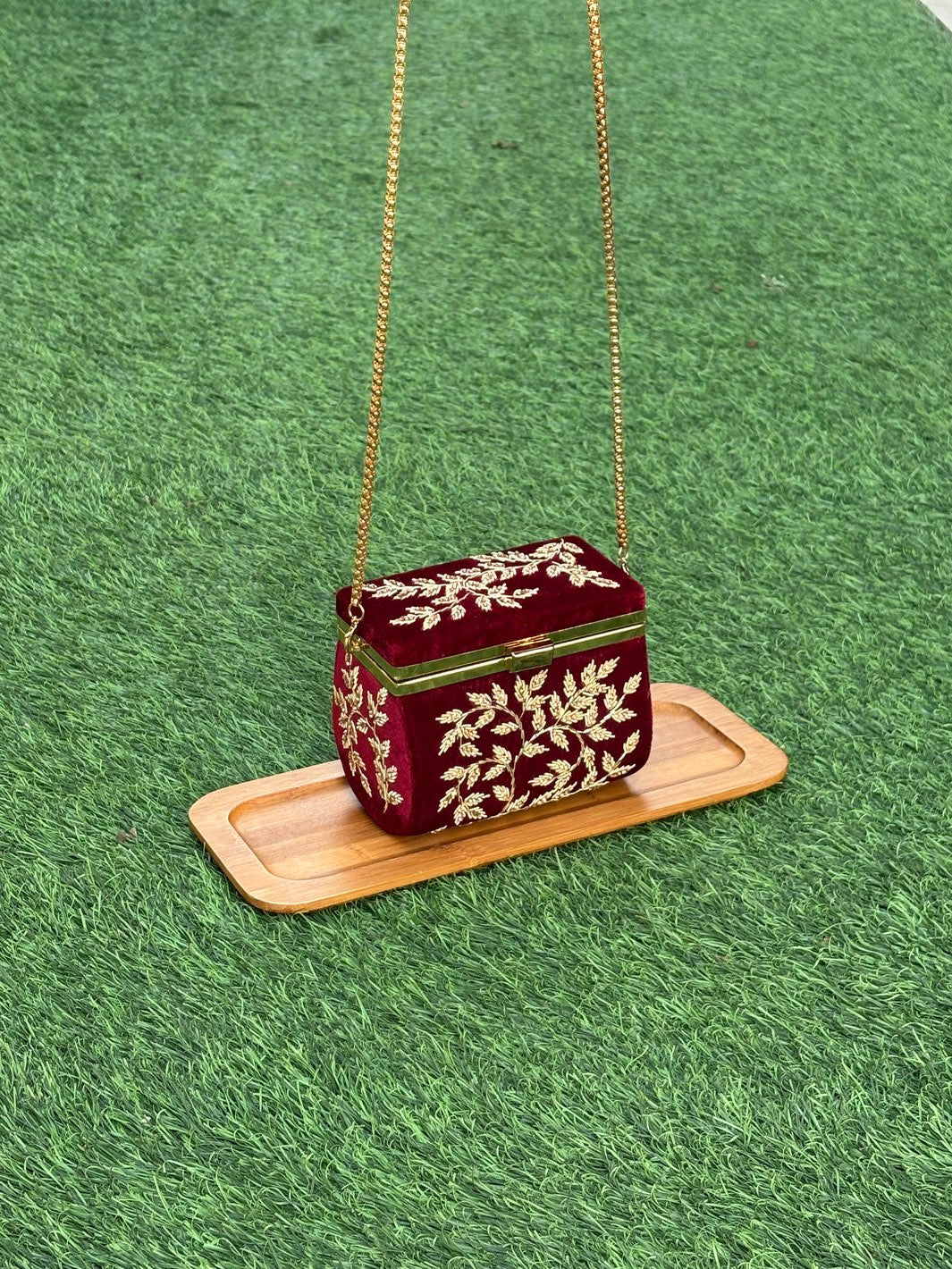 Maroon Zardosi Heritage Clutch with traditional Zardosi work