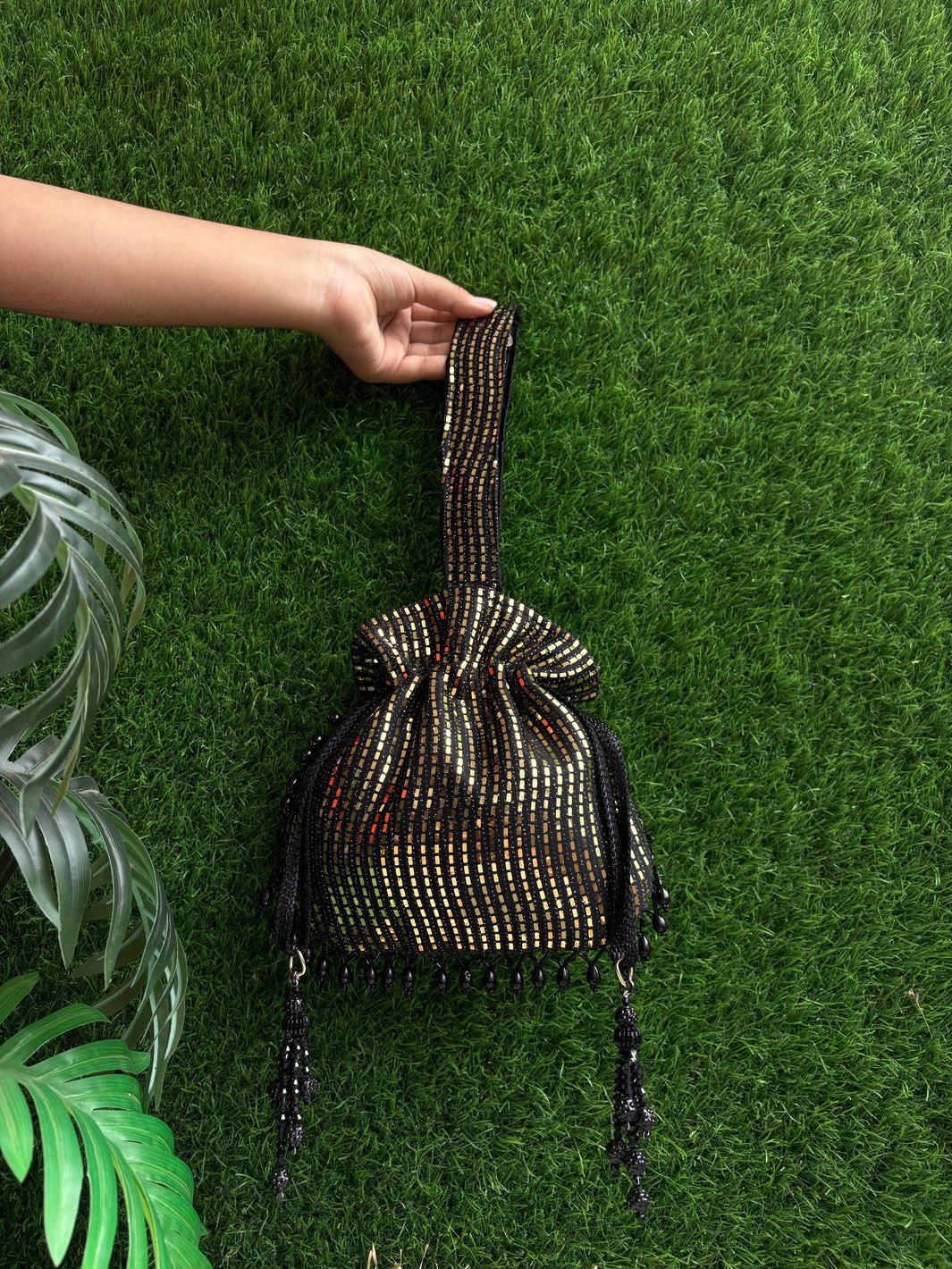 Black Dark Shine Potli handcrafted designer potli bag for weddings and festive occasions