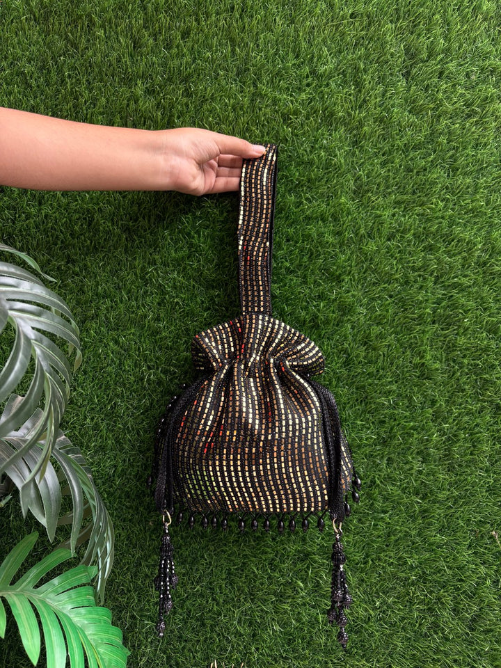 Handcrafted detailing on Black Dark Shine Potli by The Potli Ghar